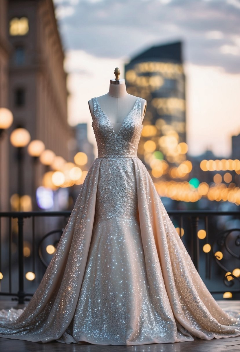 A sparkling gown with sequins and glitter, cascading in elegant folds