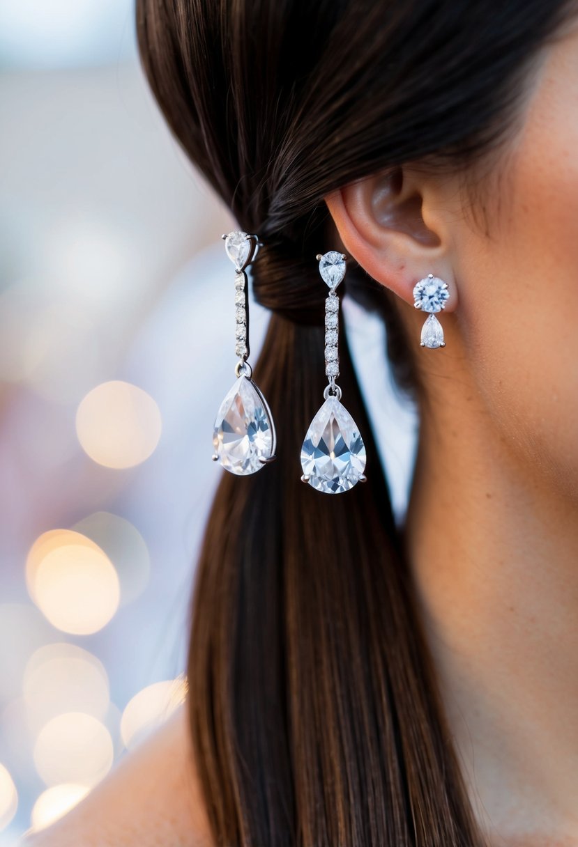 Two teardrop diamond earrings dangle from a sleek ponytail, catching the light at a wedding