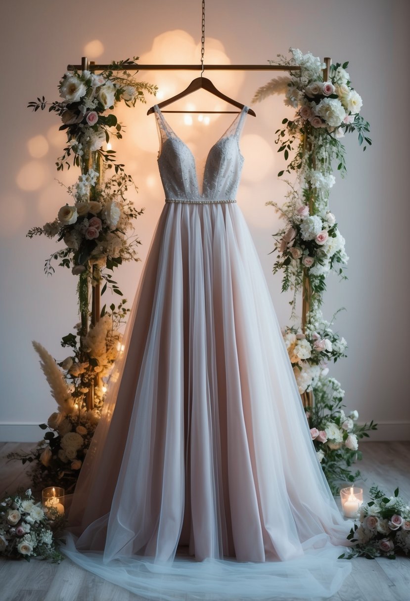 A flowing A-line tulle gown draped over a hanger, surrounded by delicate floral bouquets and soft romantic lighting