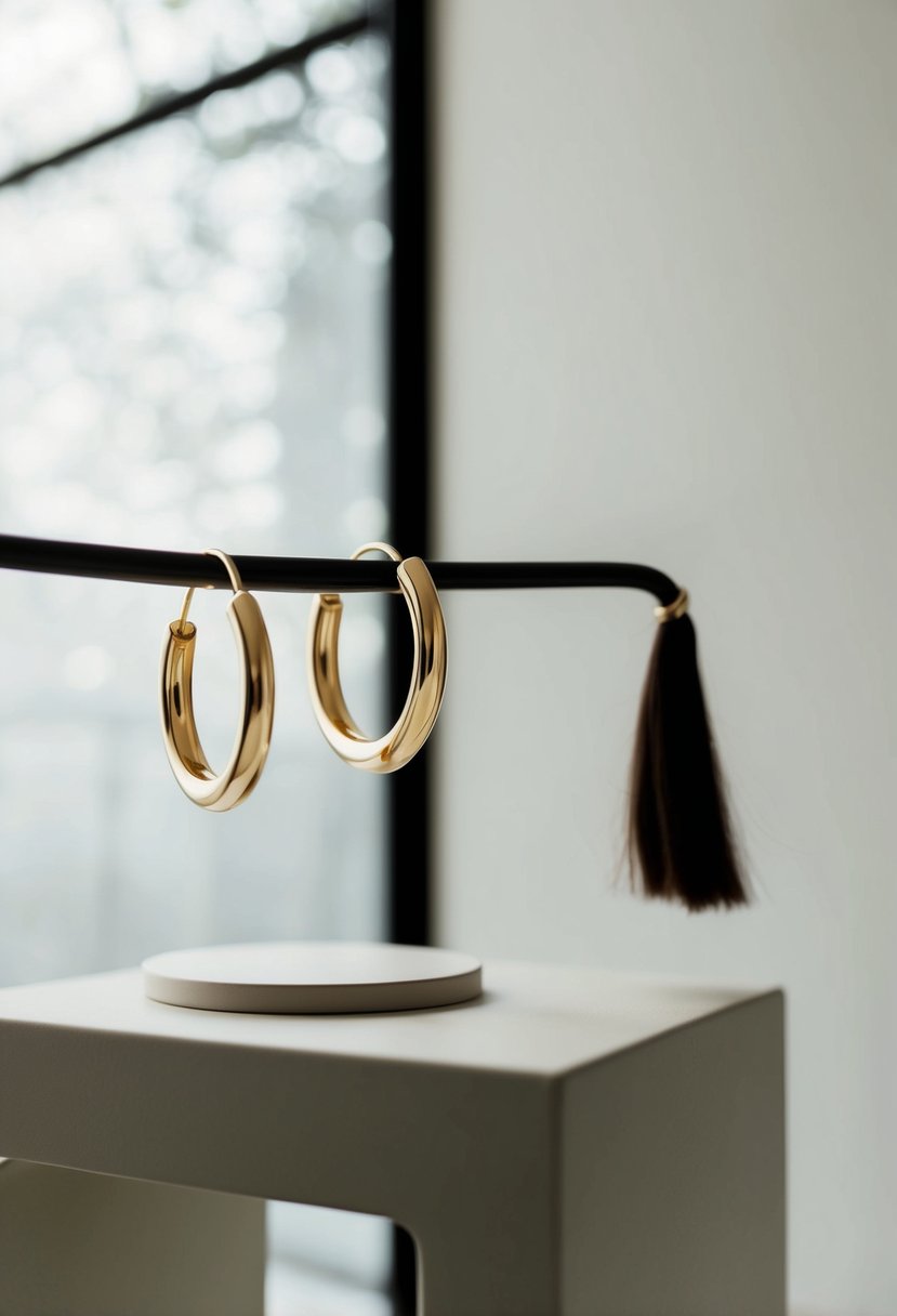 A minimalist scene with gold hoops earrings displayed on a sleek surface, with a simple ponytail in the background