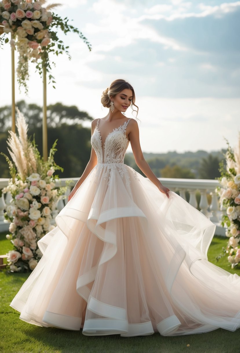 A whimsical tulle overlay dress flowing in the wind, surrounded by elegant floral arrangements and classy wedding decor