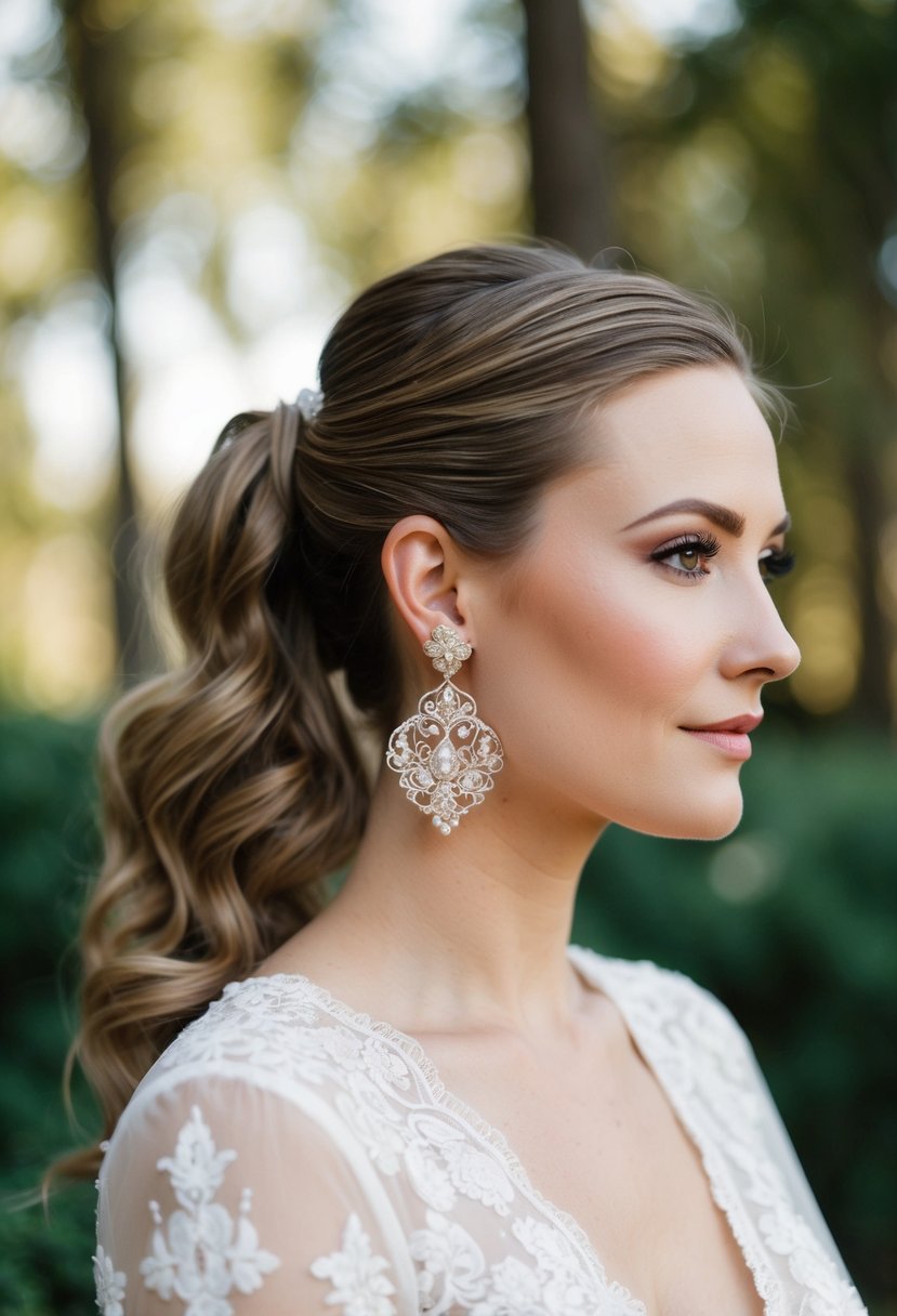 A bride with a high ponytail wearing vintage-inspired filigree earrings, with delicate details and a touch of old-world charm