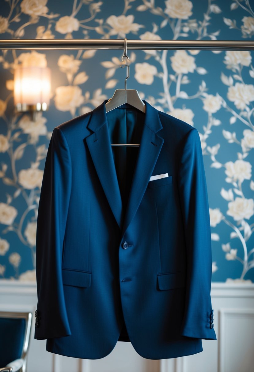 A dark blue formal suit hanging on a sleek silver hanger, set against a backdrop of elegant floral wallpaper and soft lighting