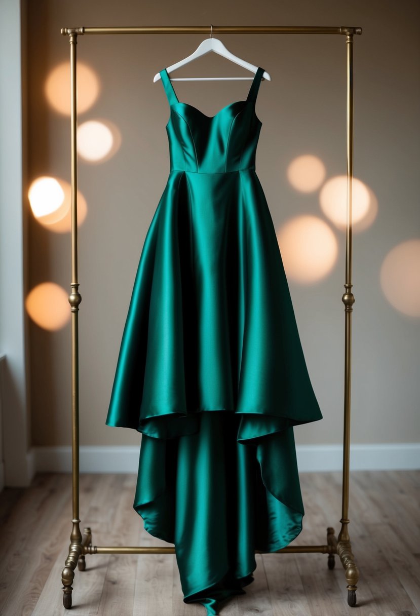 A dark green satin gown hangs on a vintage brass clothing rack, surrounded by soft, romantic lighting