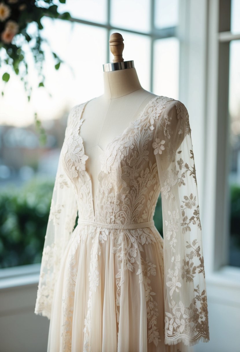 A soft, ivory lace dress drapes over a delicate mannequin, adorned with intricate floral patterns and long, flowing sleeves