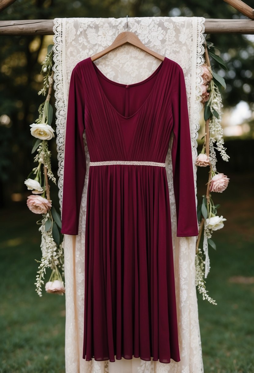 A burgundy long sleeve dress hanging on a rustic wooden hanger, surrounded by delicate lace and floral accents