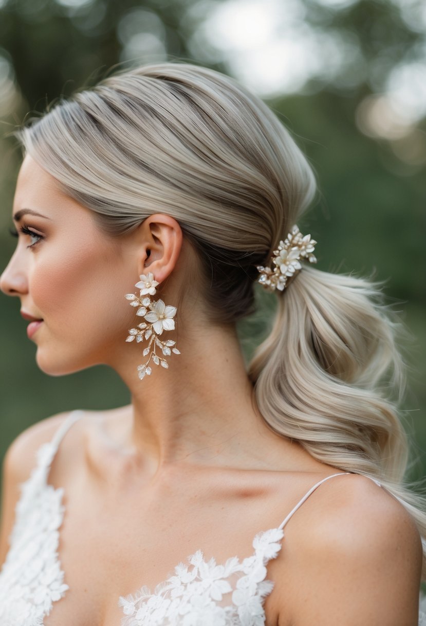 A ponytail adorned with delicate floral stud earrings, perfect for a romantic wedding