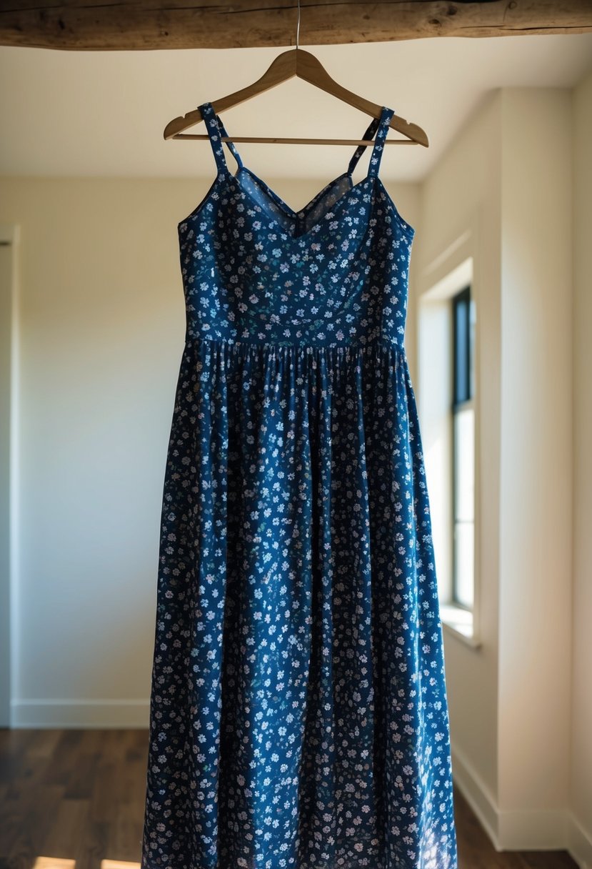 A navy floral maxi dress hanging on a rustic wooden hanger in a sunlit room