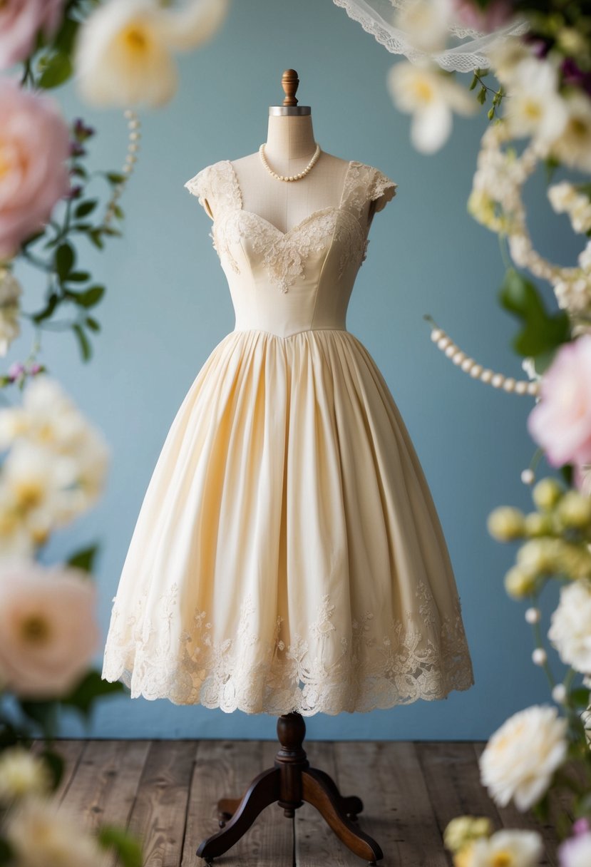 A tea-length dress hangs on a vintage dress form, surrounded by delicate lace, pearls, and floral details