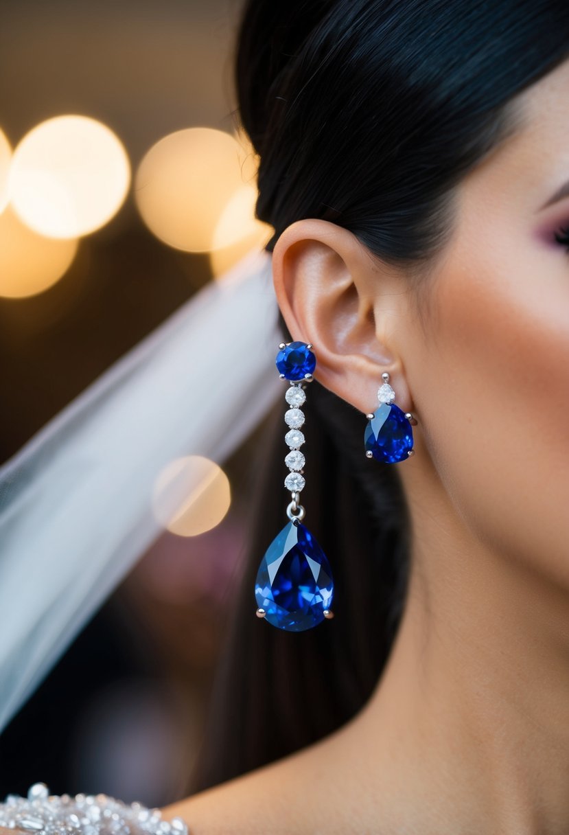 A sparkling sapphire droplet earring dangles from a sleek ponytail, catching the light at a glamorous wedding