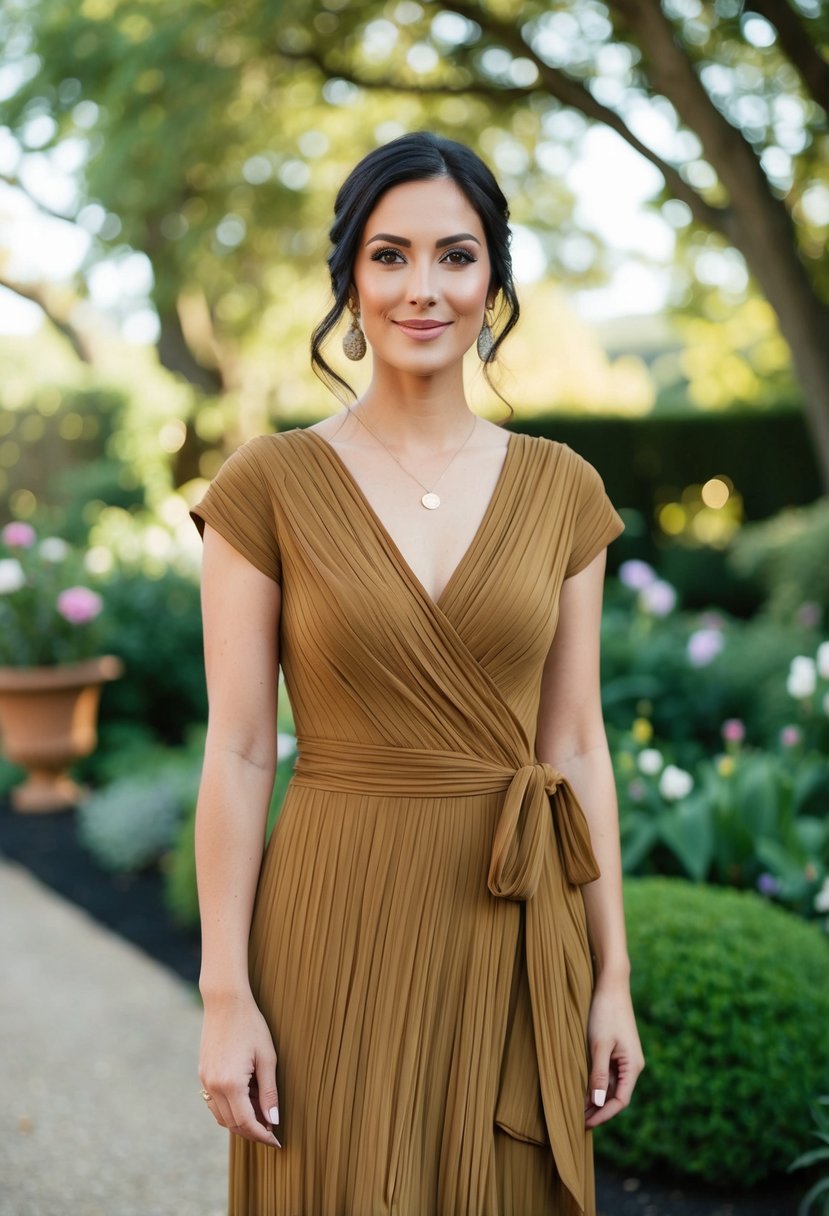 A woman wearing an earthy tone wrap dress, standing in a garden at a wedding