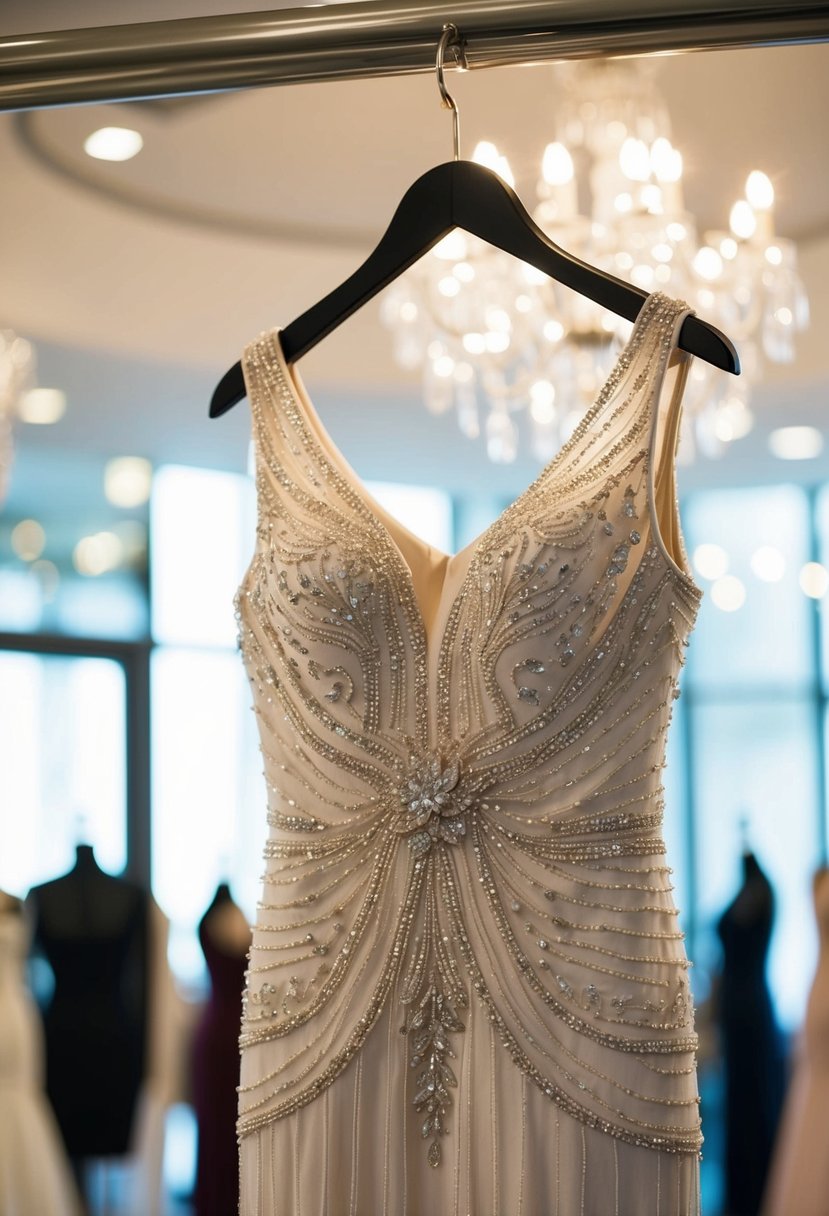 A glamorous beaded sheath dress hangs on a mannequin, catching the light with its elegant and classy design, perfect for a wedding