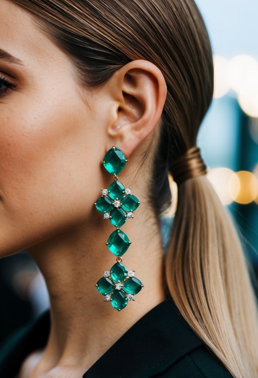 Emerald cluster earrings on a sleek ponytail