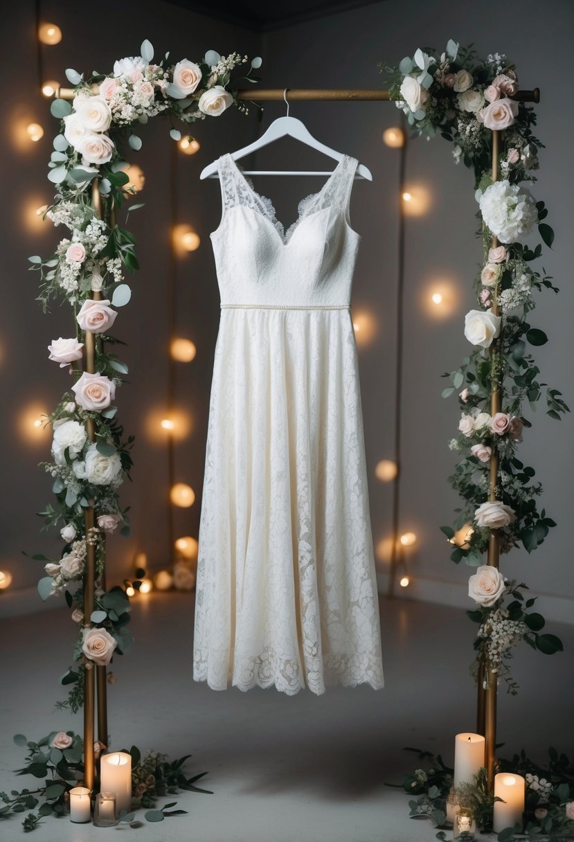 A chic lace midi dress hanging on a vintage coat rack, surrounded by delicate floral arrangements and soft, romantic lighting