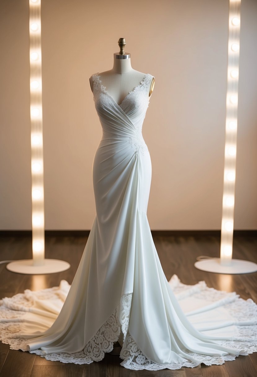 An elegant, asymmetrical hem gown draped over a mannequin, surrounded by soft lighting and delicate lace details