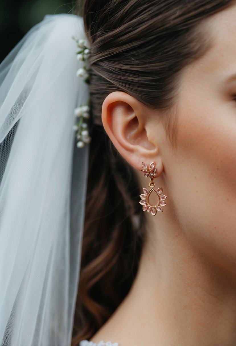 A delicate pair of rose gold earrings dangling from a ponytail, with a wedding veil in the background