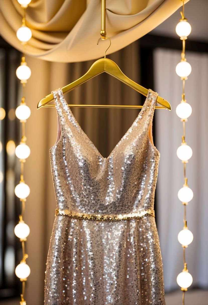 A sparkling sequin dress hanging on a golden hanger, surrounded by soft lighting and luxurious fabrics