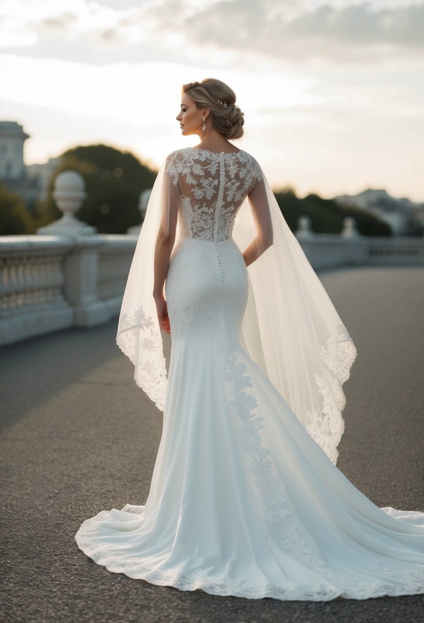 A flowing cape wedding dress billows in the wind, adorned with intricate lace and elegant details, creating a sense of timeless class and sophistication