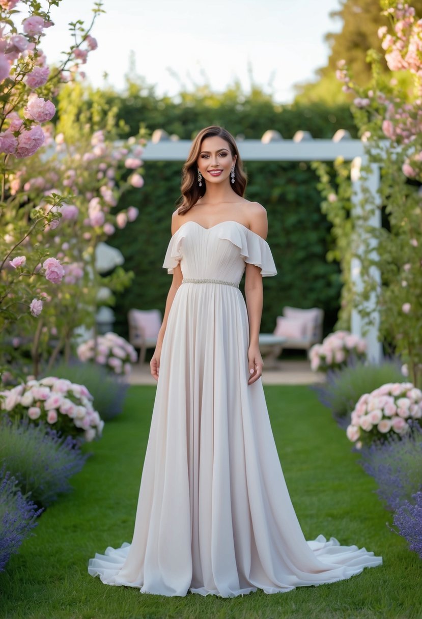 A woman in a flowing off-shoulder gown stands in a garden, surrounded by blooming flowers and soft lighting, creating a romantic and elegant atmosphere