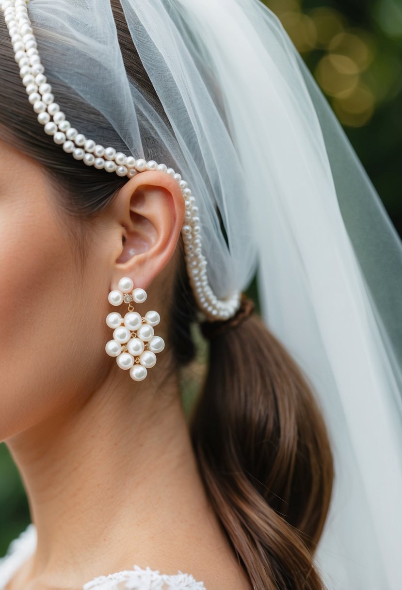 A close-up of pearl cluster earrings on a ponytail hairstyle, with a wedding veil in the background