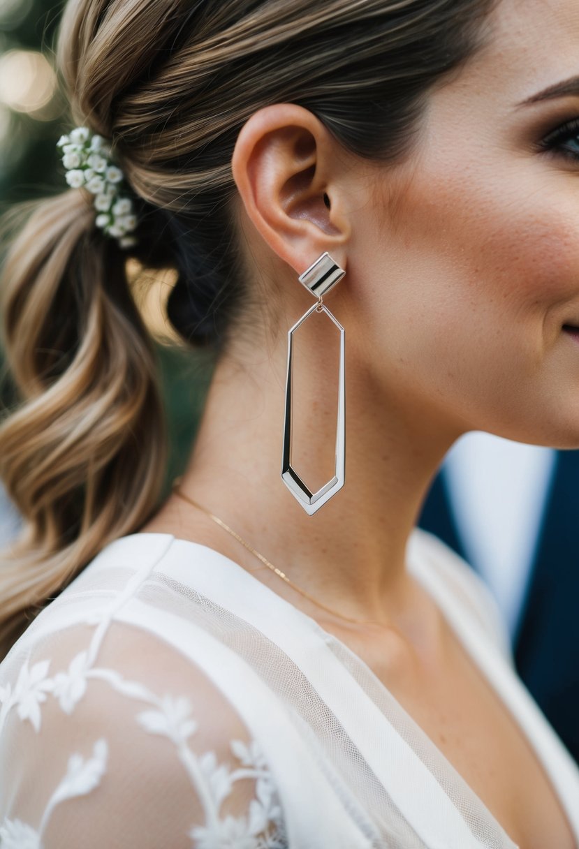 A pair of sleek, modern geometric earrings dangle from a ponytail, catching the light at a wedding