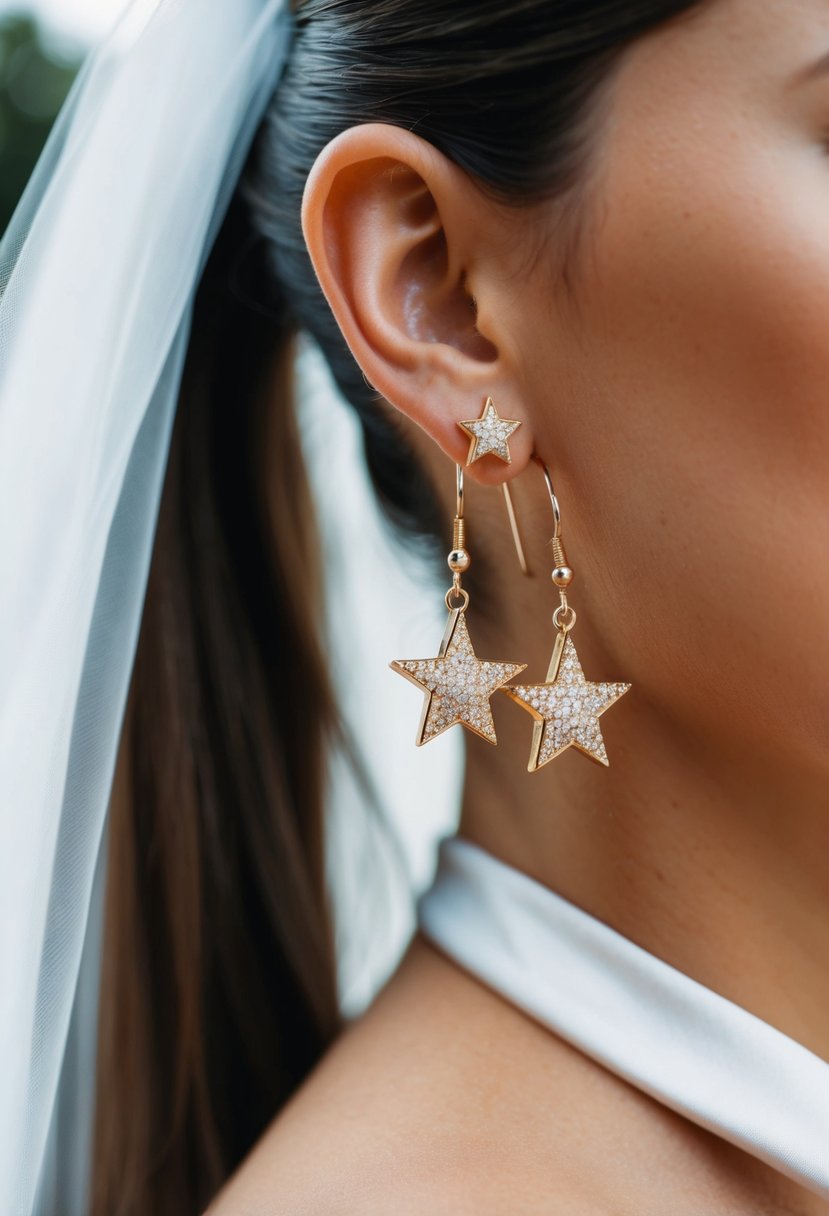 Two star-shaped earrings dangling from a ponytail, with a wedding veil in the background