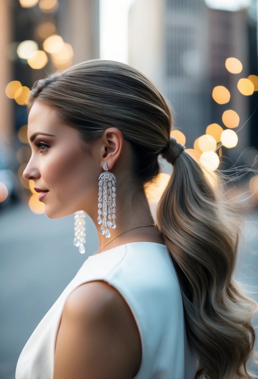 A flowing ponytail adorned with cascading waterfall earrings