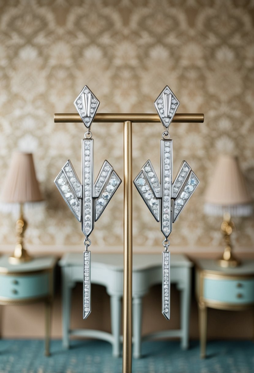 A sleek, art deco-inspired pair of ponytail wedding earrings, featuring geometric shapes and sparkling gemstones, set against a backdrop of vintage wallpaper and antique furniture