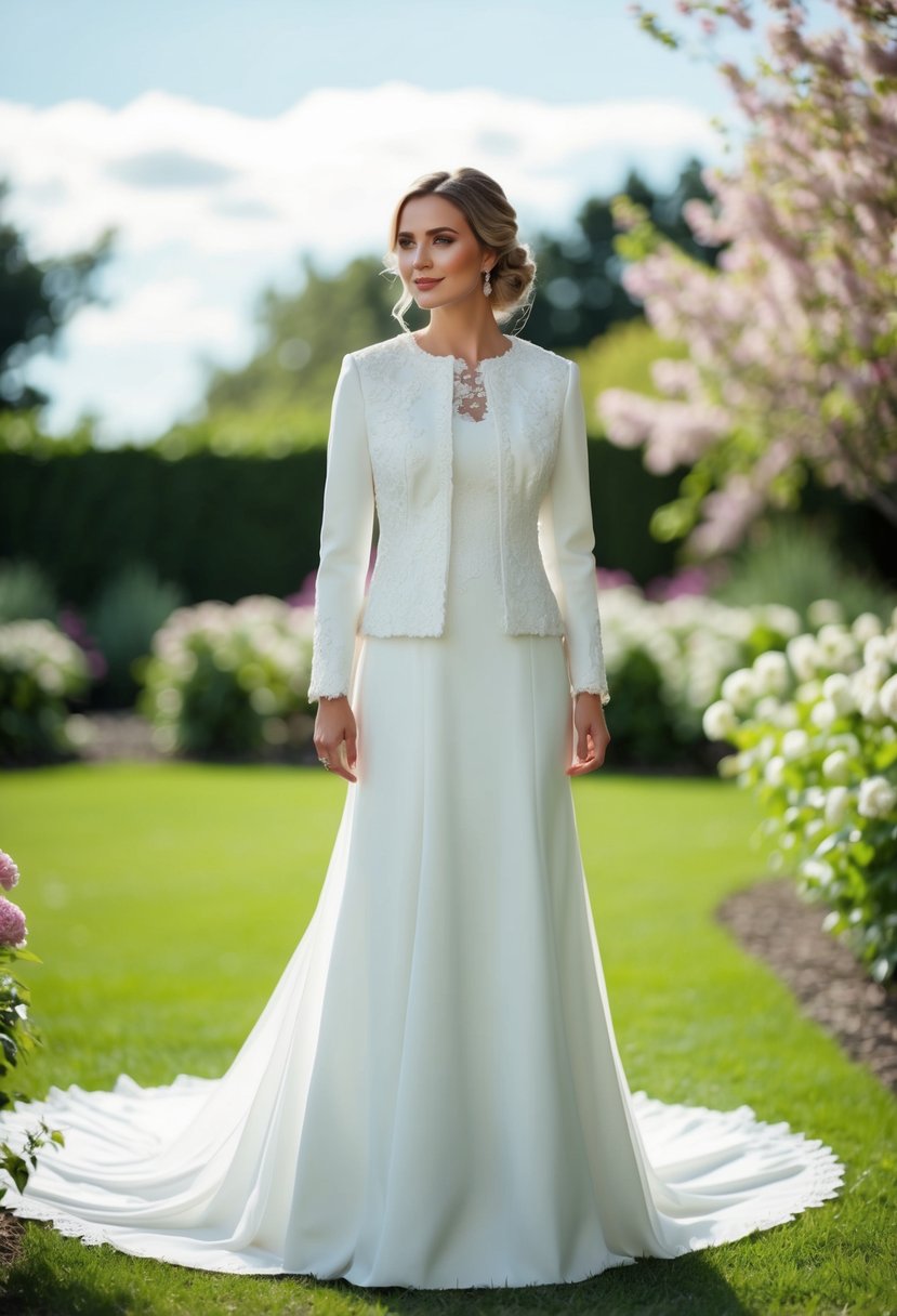 A bride in a white, floor-length jacket wedding dress, with delicate lace and intricate embroidery, standing in a garden with blooming flowers