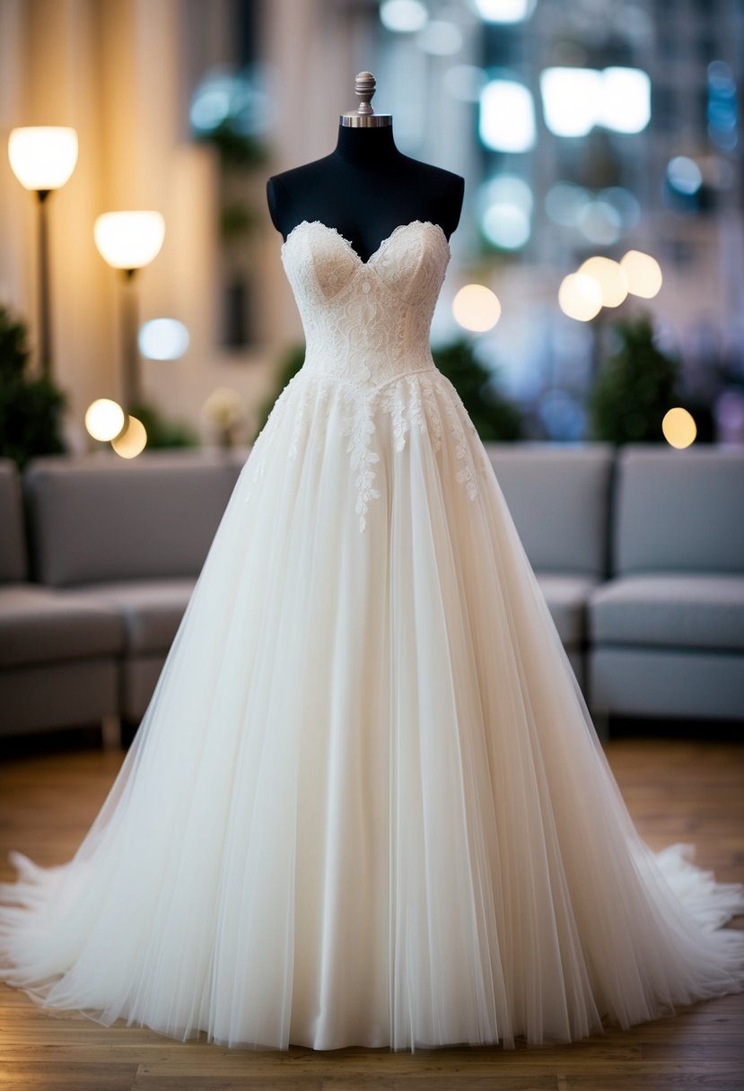 An hourglass-shaped wedding dress with a sweetheart neckline, lace bodice, and full tulle skirt cascading down to the floor