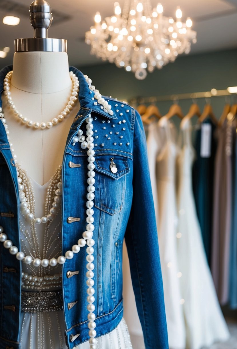 A denim jacket adorned with delicate pearls, shimmering in the soft light of a wedding dress boutique