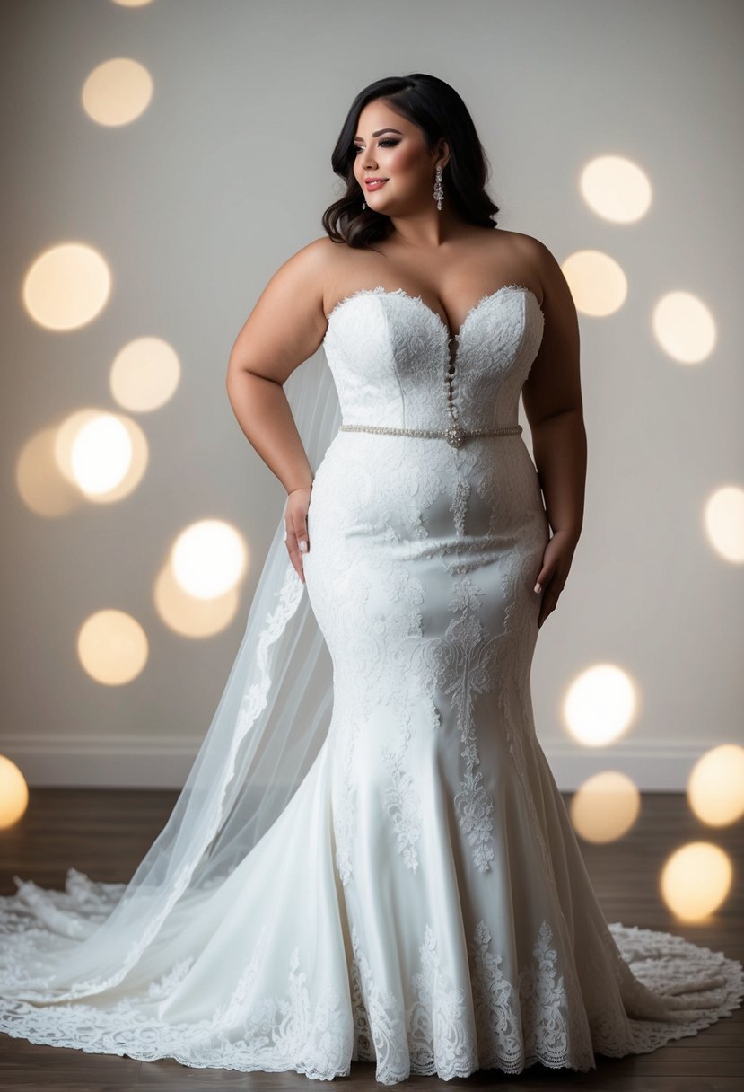 A curvy bride in a mermaid gown, showcasing her hourglass figure with elegant lace and flowing train