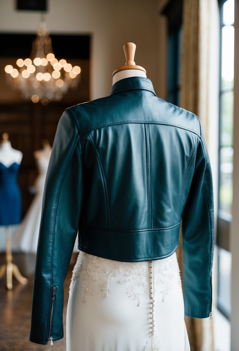 A custom leather bride jacket draped over a mannequin wearing a wedding dress