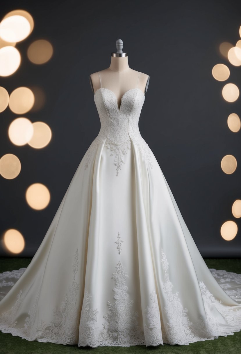 An elegant trumpet-style wedding dress with a defined hourglass shape, featuring intricate lace detailing and a flowing train