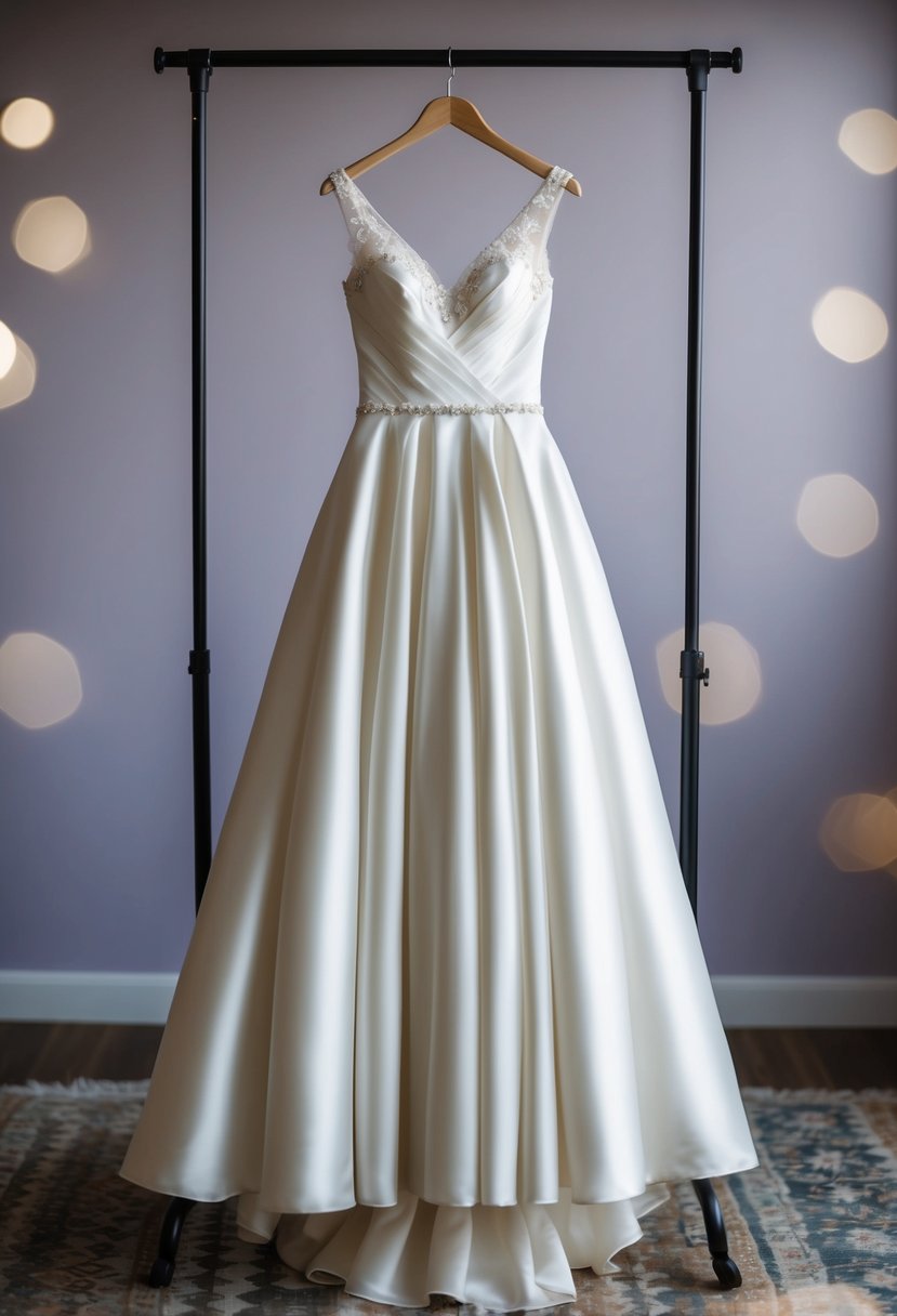 An A-line wedding dress hangs on a dress form, showcasing its balance and allure for an hourglass shape