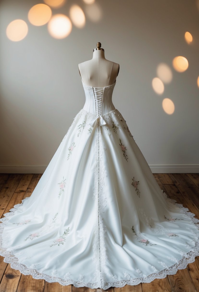 A lace-trimmed, corseted wedding dress with a full, flowing skirt, adorned with delicate floral embroidery and a long train