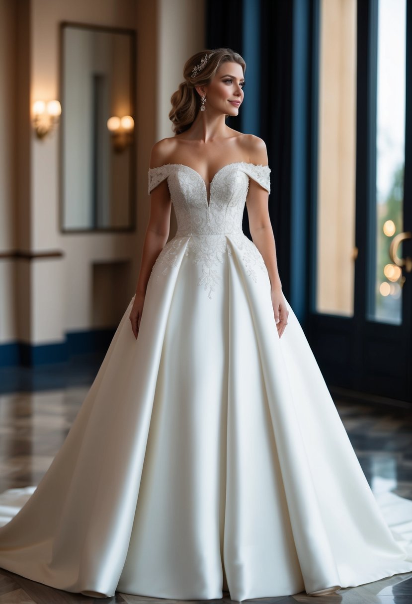 A bride stands in an off-the-shoulder hourglass wedding dress, exuding glamour and elegance