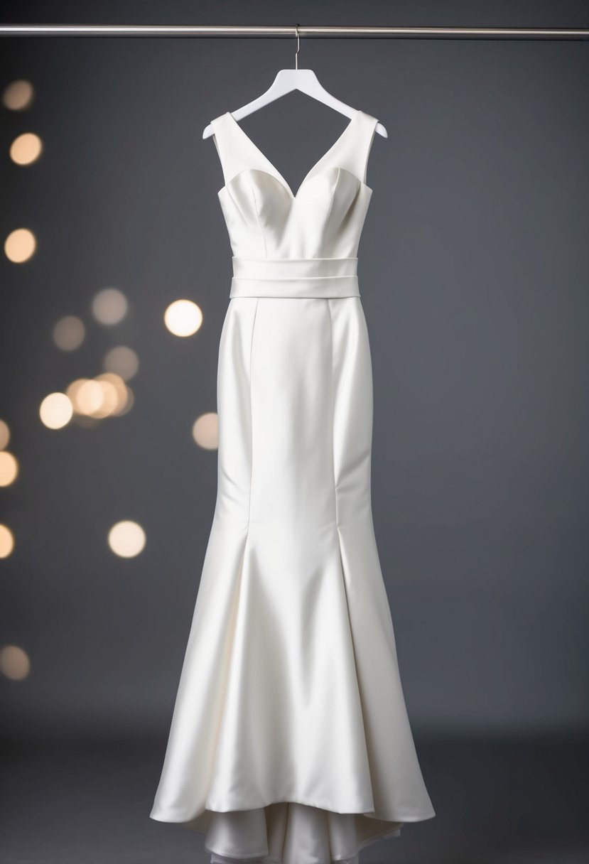 A sleek, hourglass-shaped wedding dress hangs on a mannequin, showcasing its simple yet elegant sheath styling