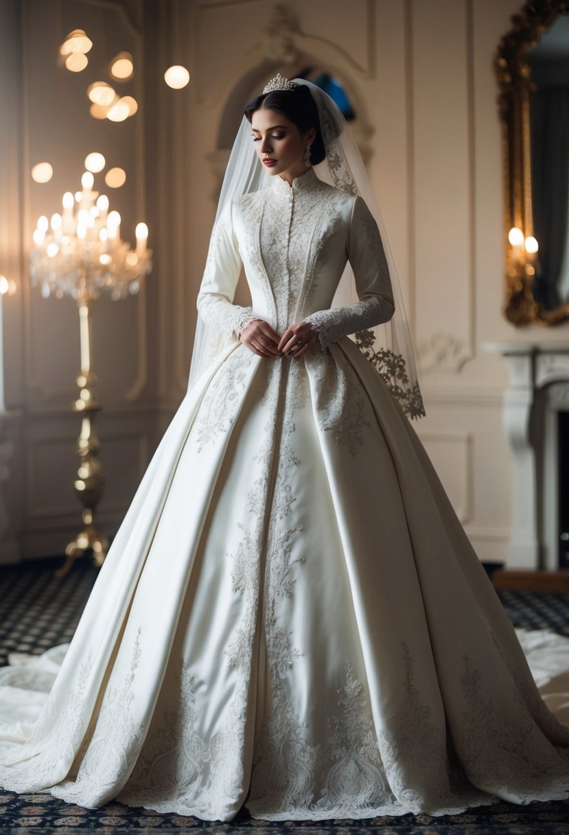 A grand, floor-length Victorian wedding gown adorned with delicate lace and intricate embroidery, featuring a high neckline and voluminous skirt