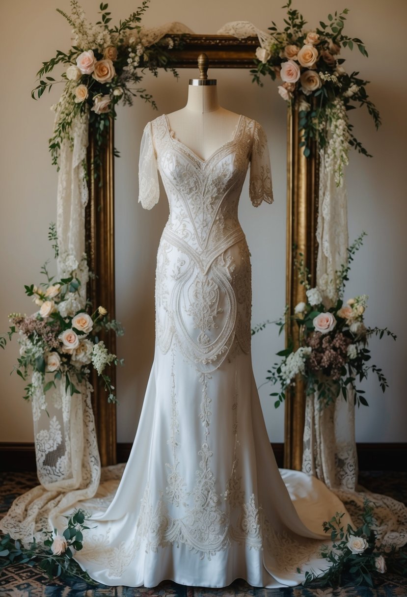 An ornate Edwardian silk charm wedding dress displayed on a vintage mannequin surrounded by antique lace and delicate floral arrangements