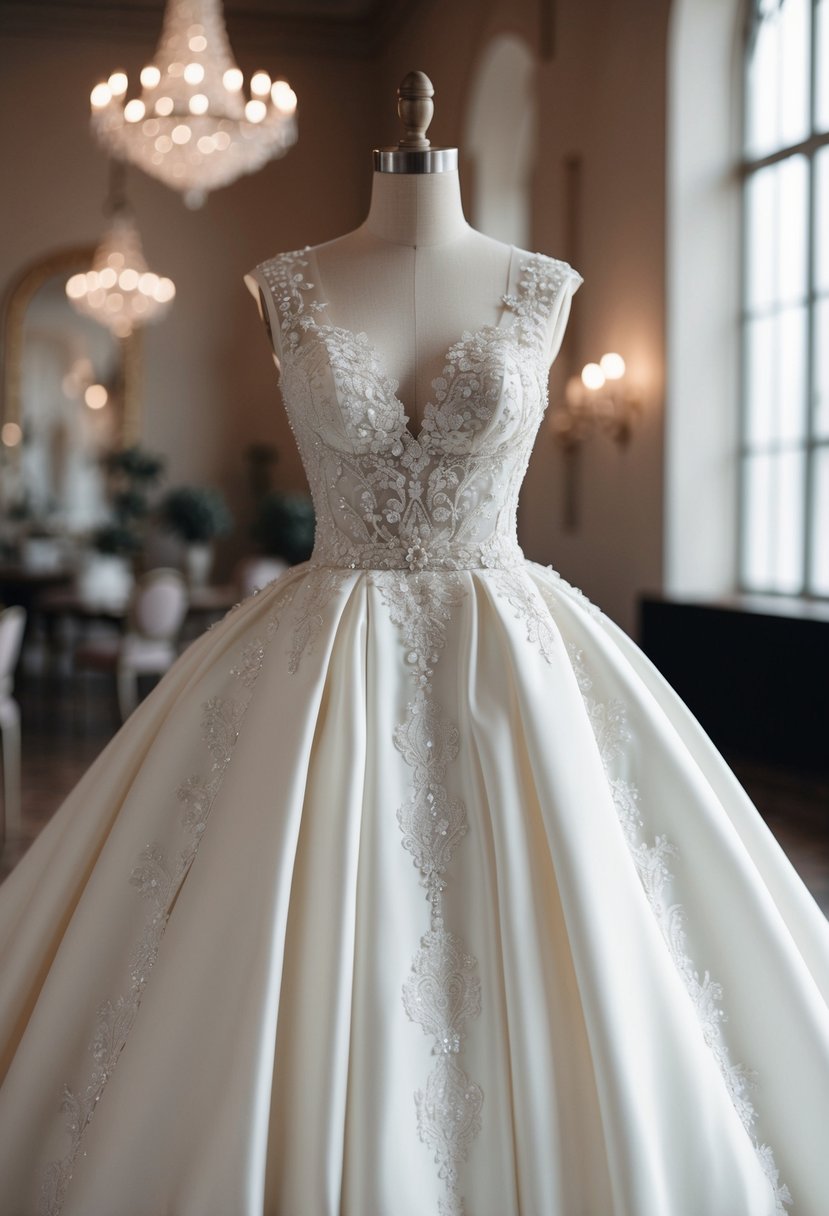 An elegant wedding dress with a cinched waist and flared skirt, adorned with intricate embellishments and delicate lace details