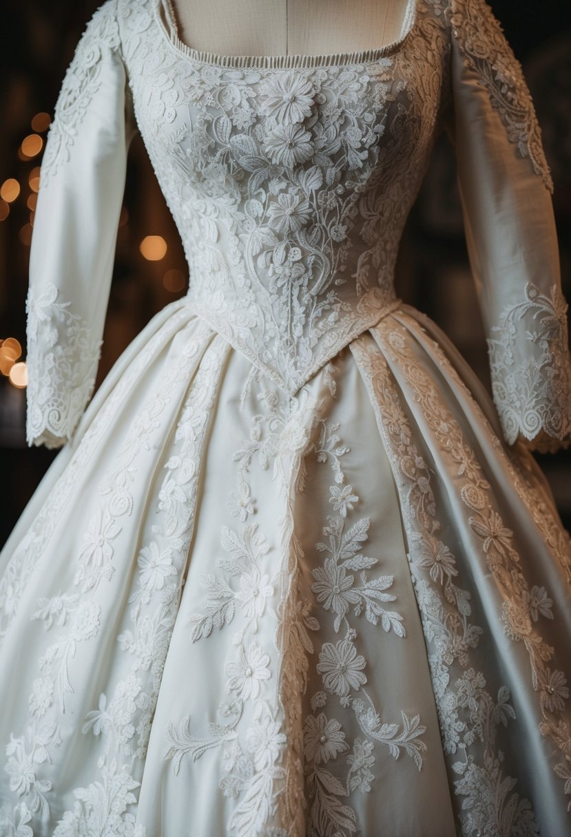 A 19th century wedding dress with intricate floral patterns, inspired by the Renaissance era, featuring ornate lace and delicate embroidery