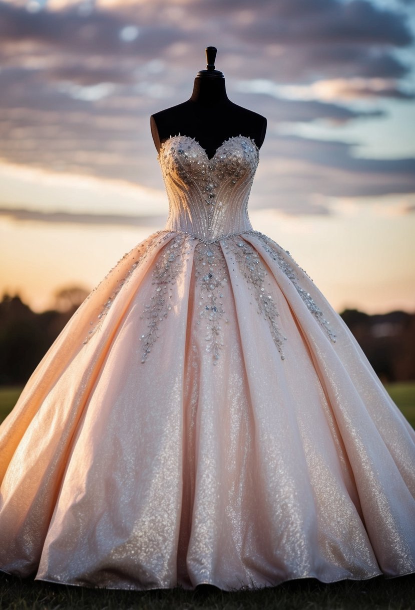 A shimmering ball gown with a magical, hourglass shape, adorned with intricate lace and sparkling embellishments, set against a dreamy sunset backdrop