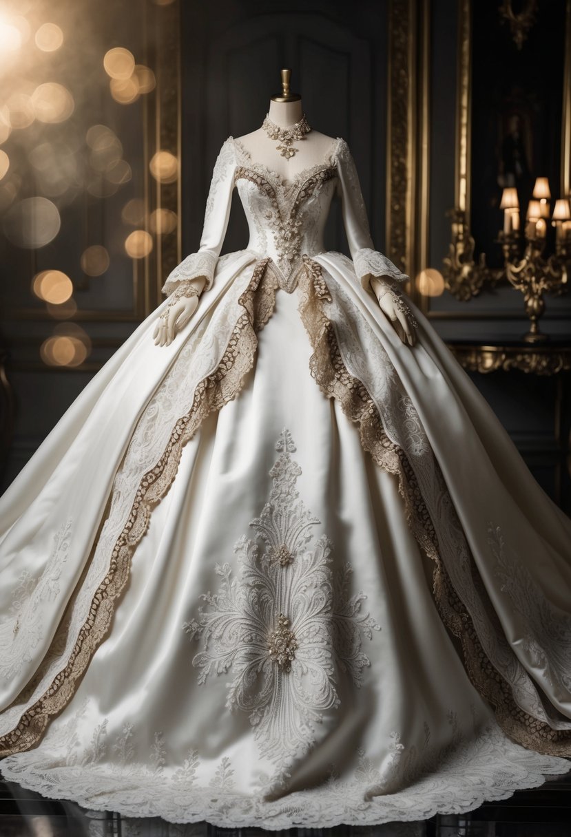 A grand, opulent 19th century wedding dress with intricate lace, velvet accents, and dramatic flair