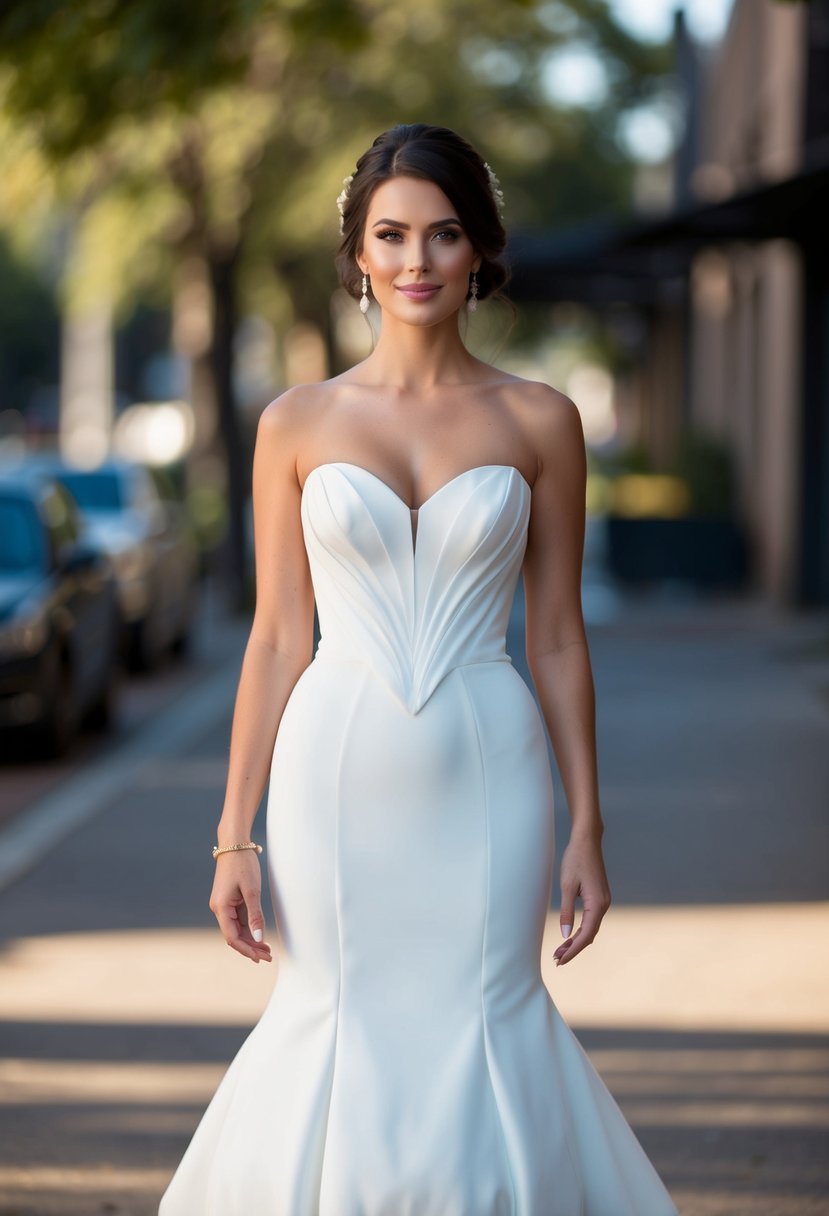 A bride stands in a fitted wedding dress with a sweetheart neckline, accentuating her hourglass figure