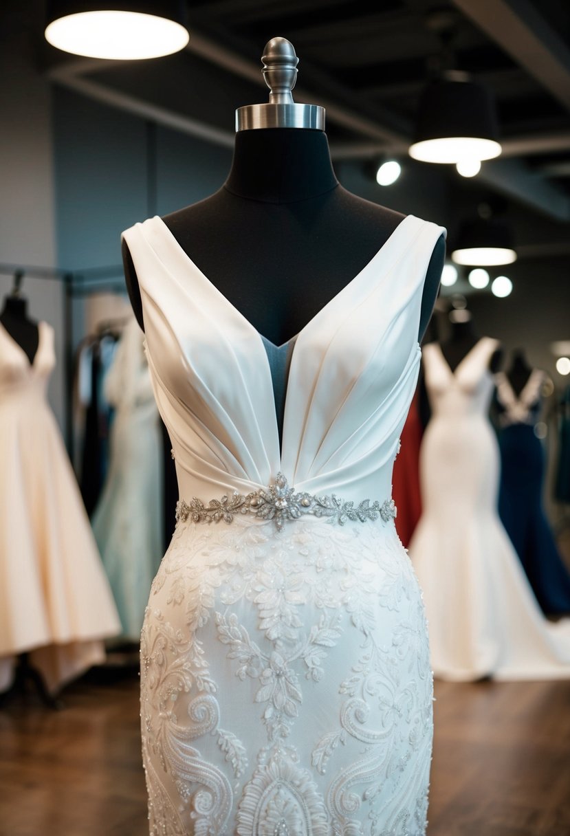 An elegant v-neck wedding dress drapes over an hourglass mannequin