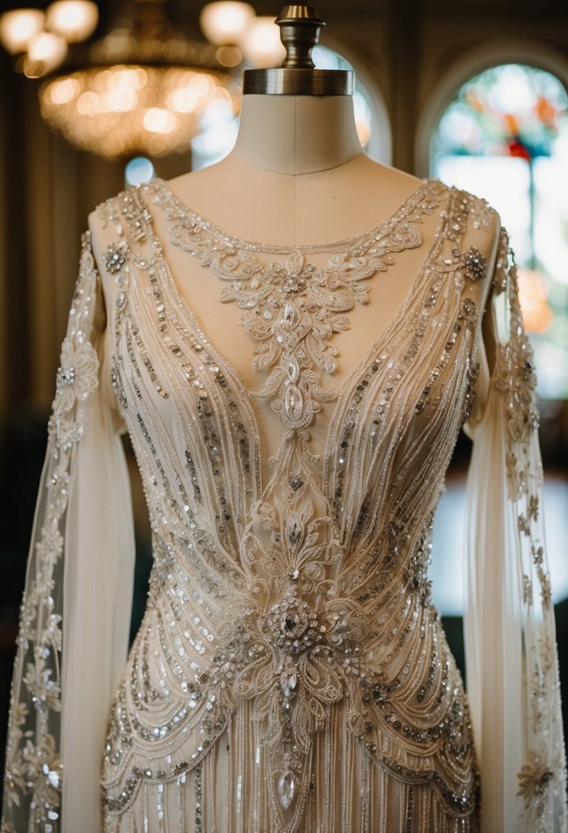 An opulent 1920s Art Deco wedding dress adorned with shimmering sequins and intricate 19th-century lace details