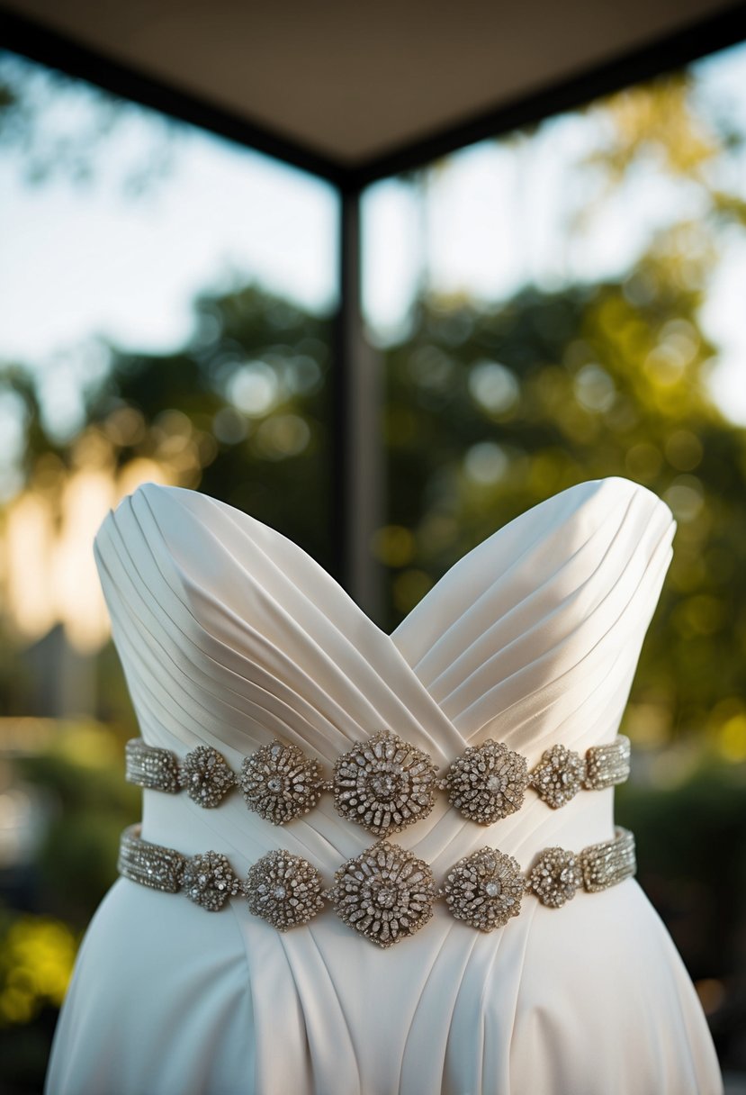 A sleek, hourglass-shaped wedding dress adorned with intricate beaded belts