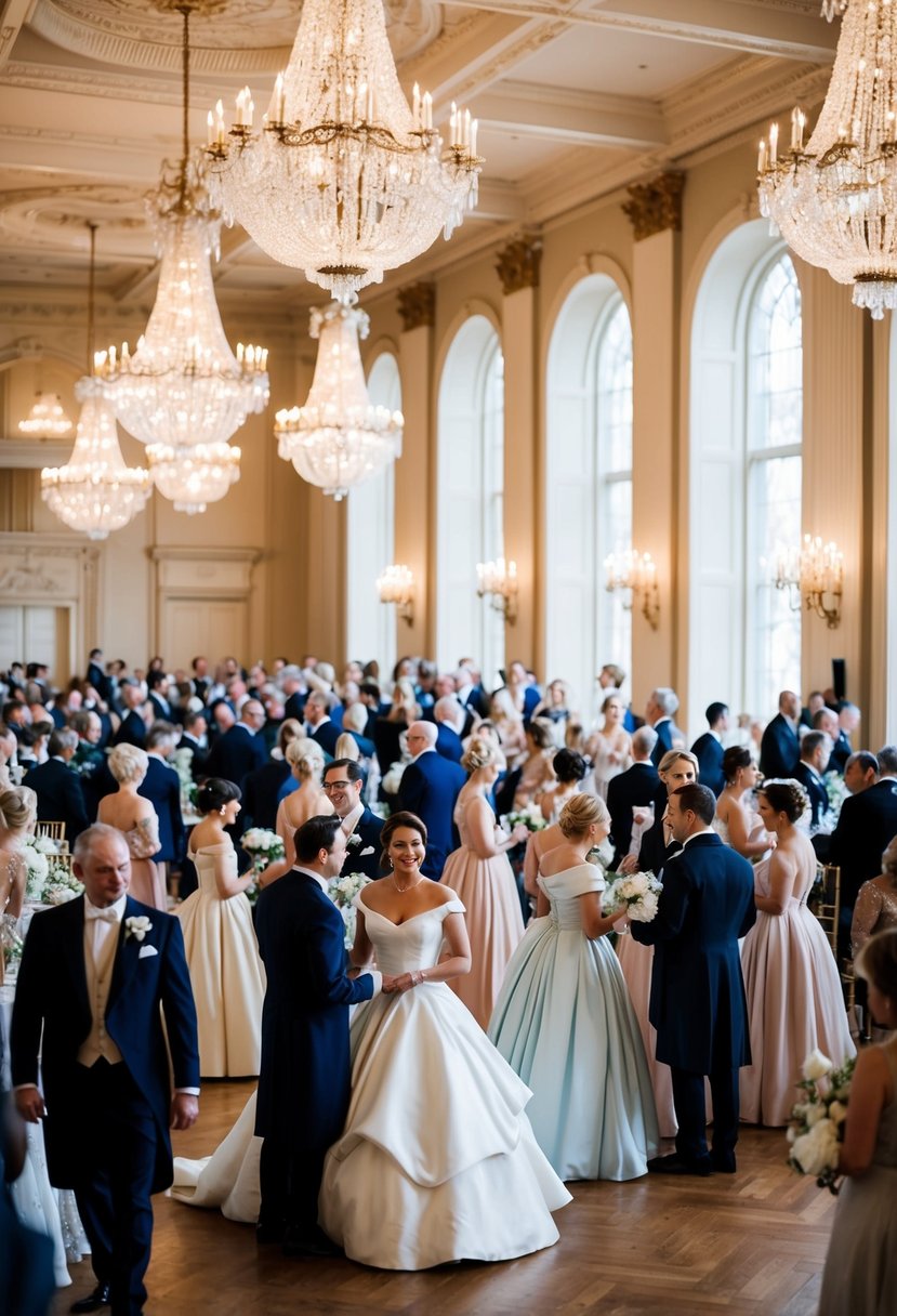 A grand ballroom with ornate chandeliers and large windows, filled with elegantly dressed guests in Regency-era wedding attire