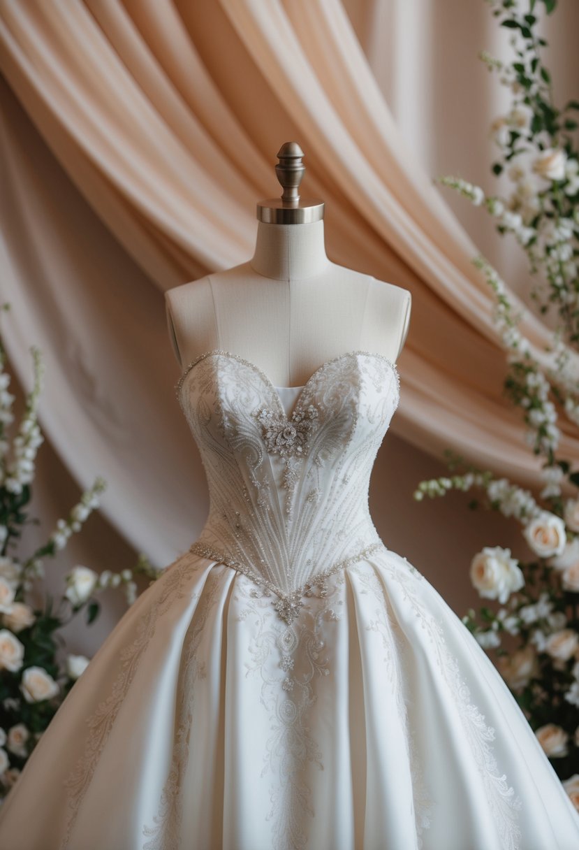 An elegant hourglass-shaped wedding dress with intricate lace and beading, set against a backdrop of flowing fabric and delicate floral accents